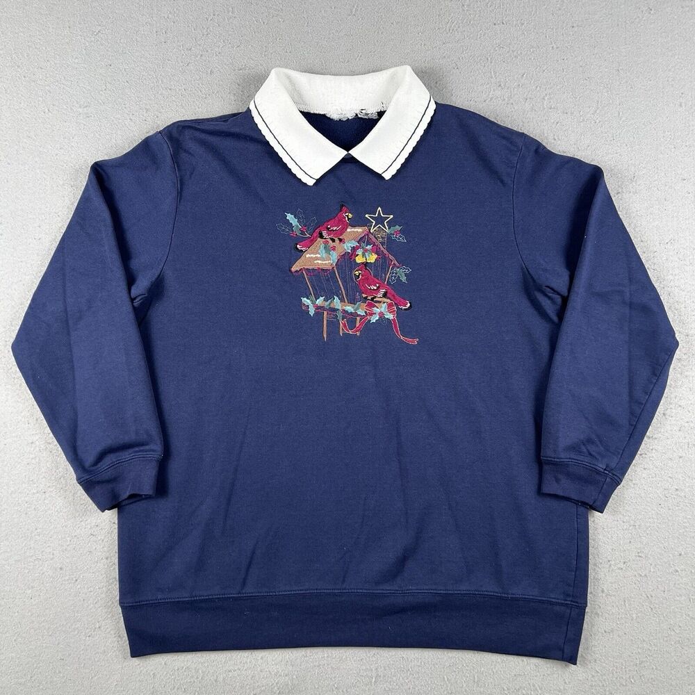 Vintage Grandma Sweater Womens Large Blue Cardinal Bird House Embroidered Collar